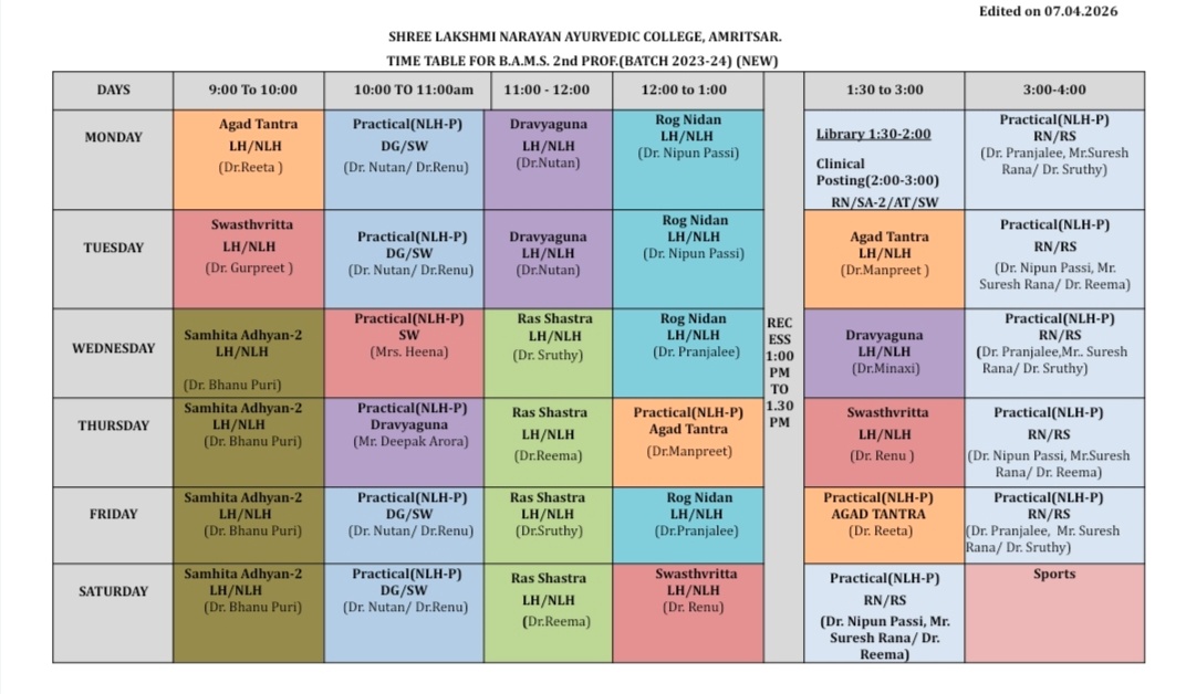 Second Professional Year Time Table